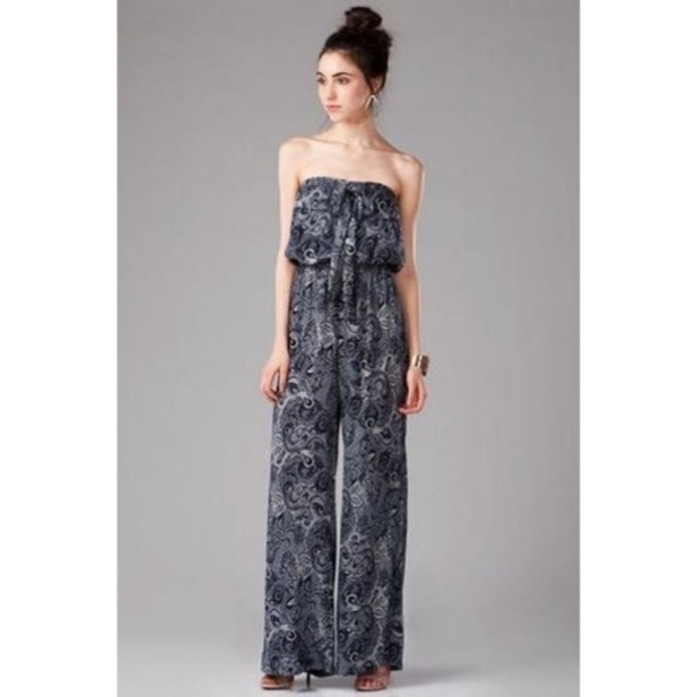 Harper Paisley Jumpsuit‎ Navy White Wide Leg Strapless Halter Rayon